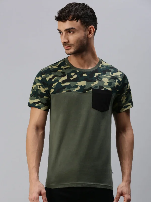 Graphic Printed Round Neck Casual T-Shirt With Pocket Green GT32