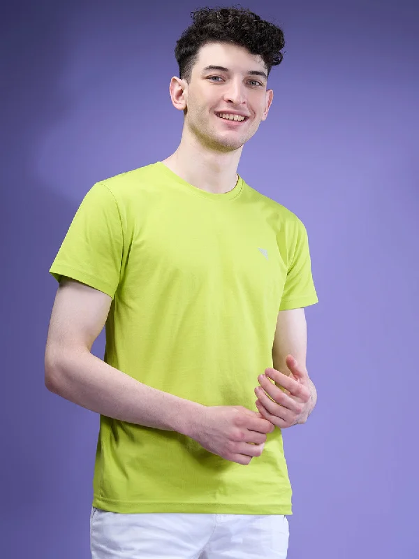 Men Cotton Lime Green Half Sleeves Expert Tee