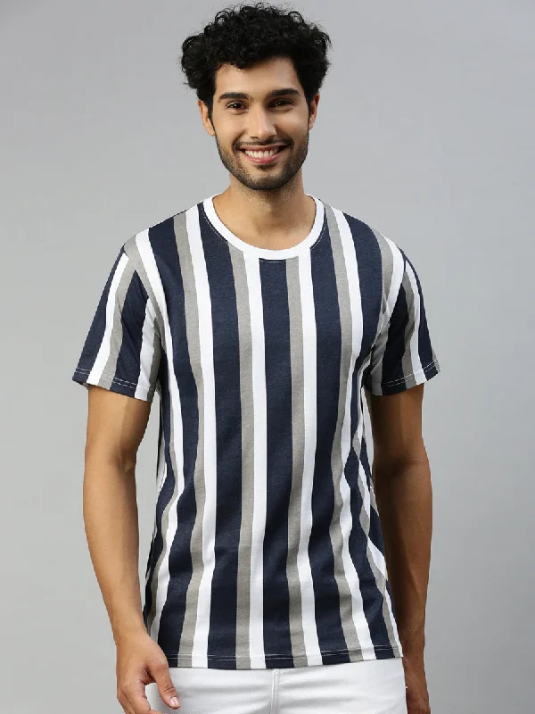 Navy & Grey Striped Graphic Printed Round Neck Casual T-Shirt GT45