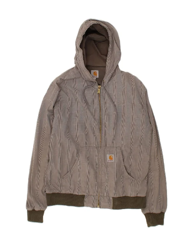 CARHARTT Mens Hooded Bomber Jacket UK 40 Large Grey Striped Cotton