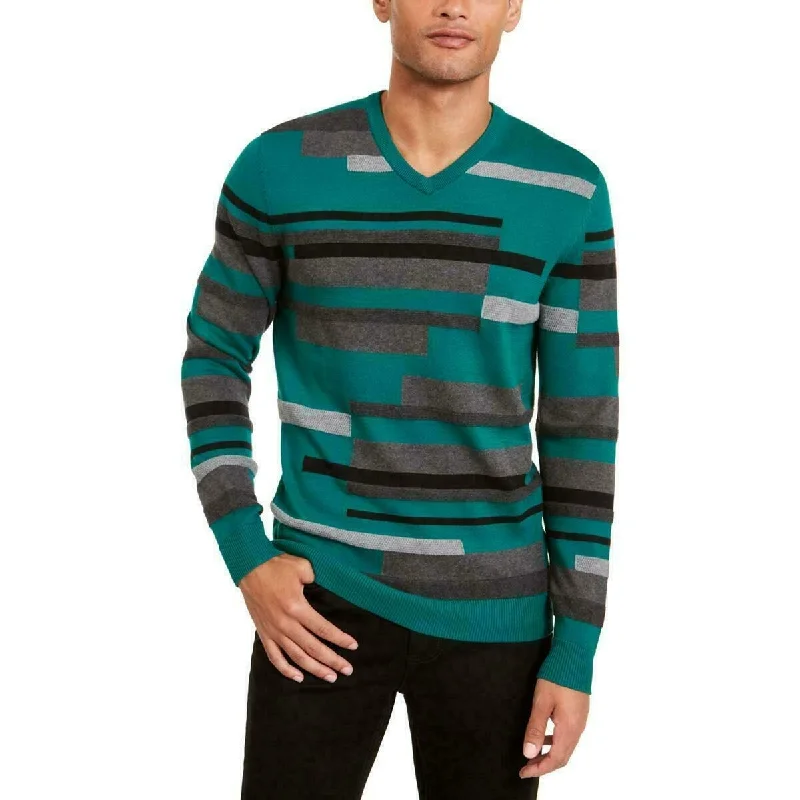 Alfani Men's Textured Striped V-Neck Sweater Green Size X-Large