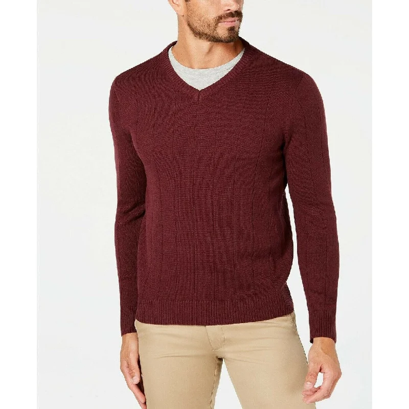 Club Room Men's Cotton Textured V-Neck Sweater Dark Red Size Medium