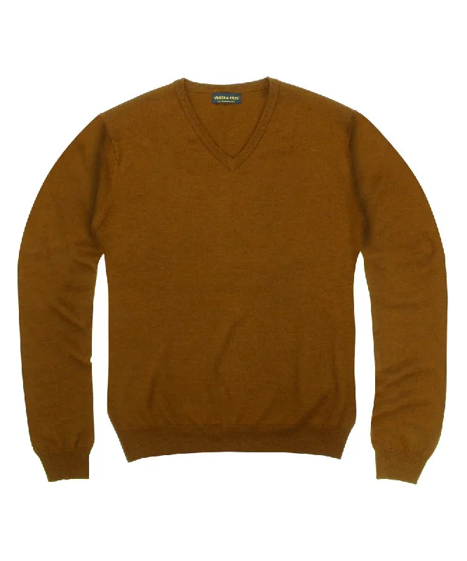 100% Pure Merino Wool Zegna Baruffa V-Neck Sweater - Rust