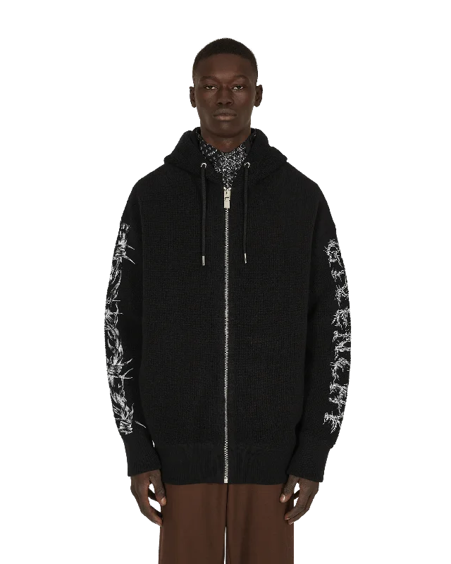 Barbed Wire Printed Hooded Zip Sweater Black